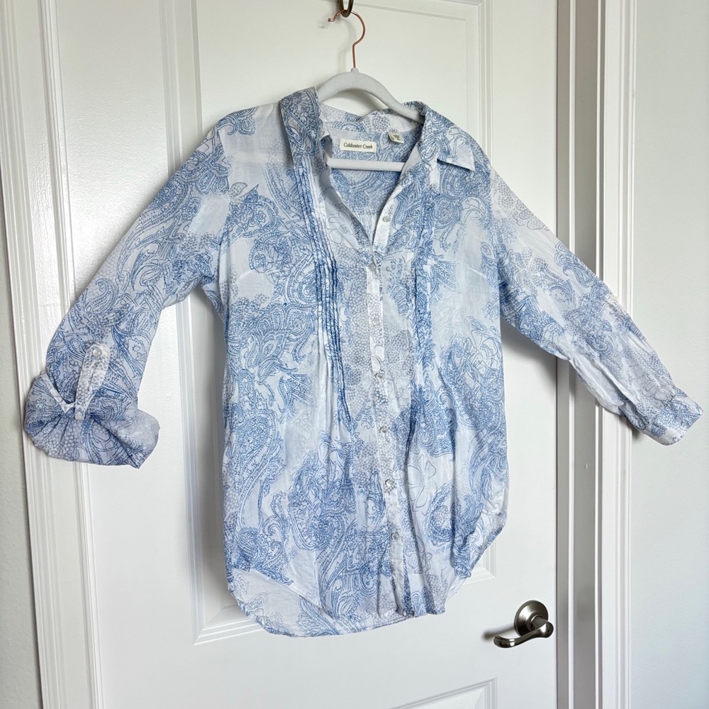 Coldwater Creek 100% Cotton Blue White Print Blouse Long Sleeve Tunic Travel